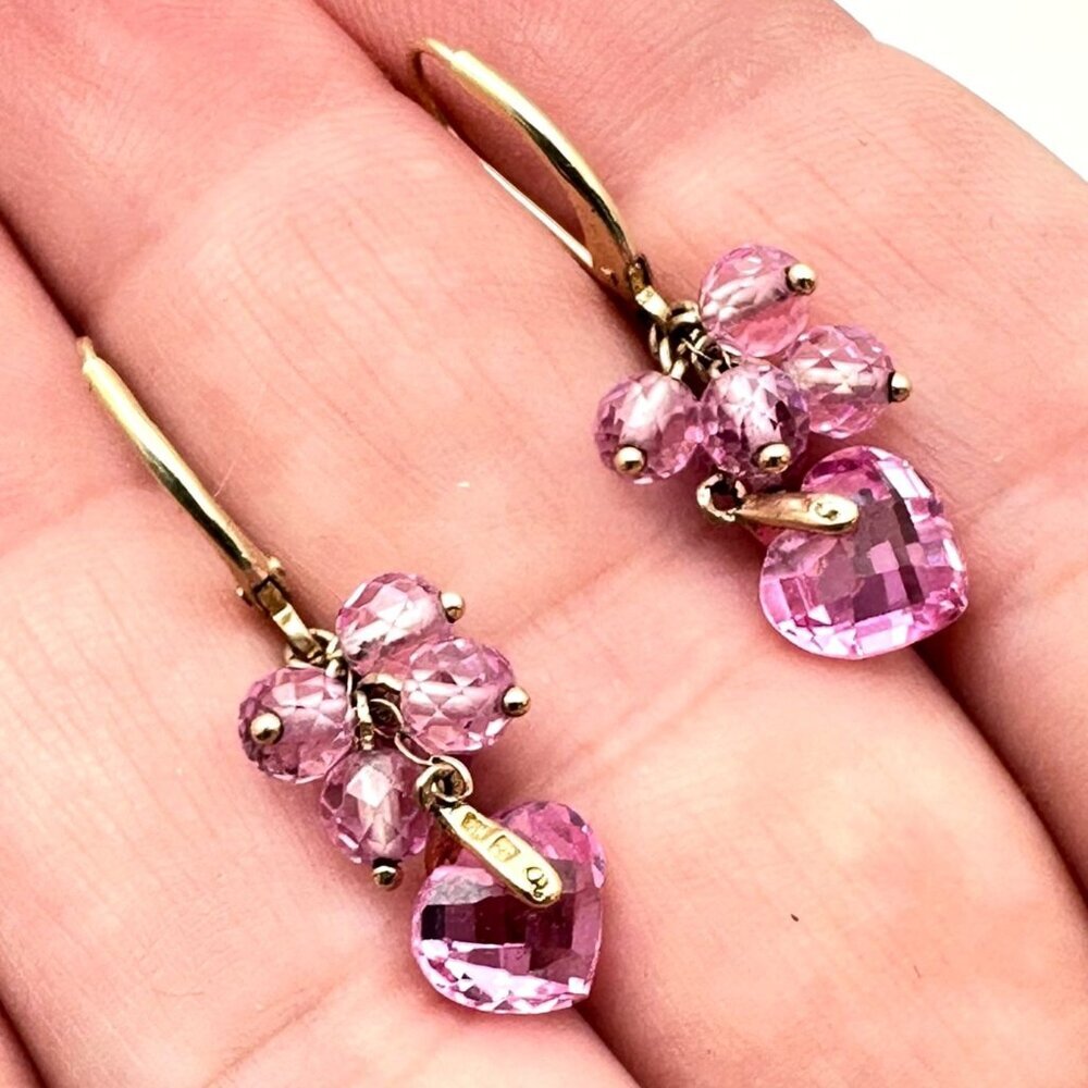 10K Yellow Gold Pink Topaz Heart Pierced Chandelier 1.25 Inch Earrings